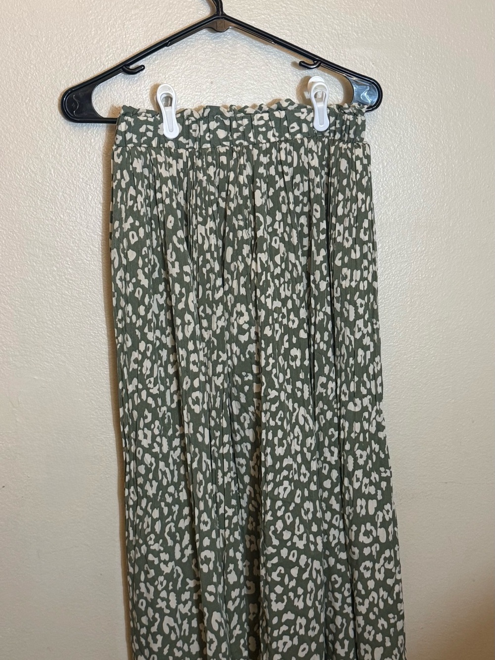 Olive Green Animal-Print Pleated Maxi Skirt